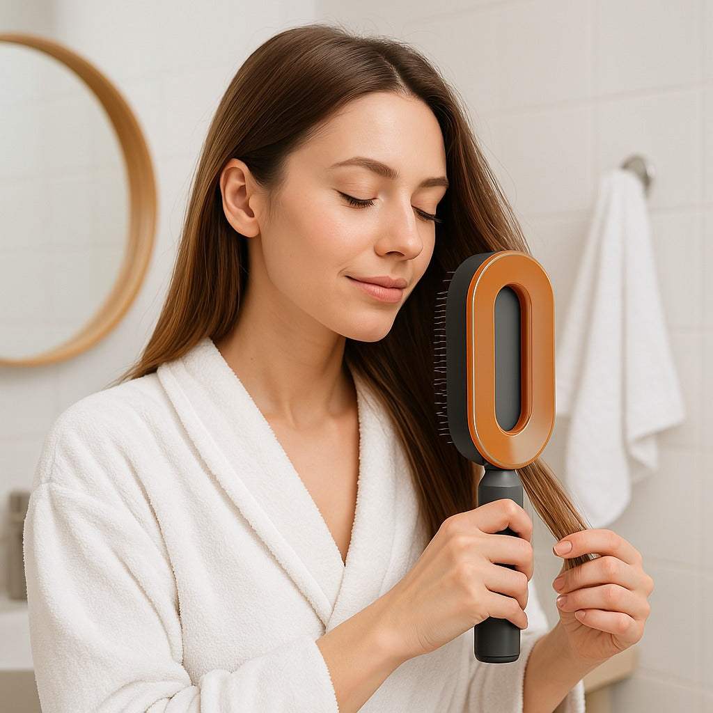 Design ergonomique de la brosse cheveux autonettoyante Brillis™