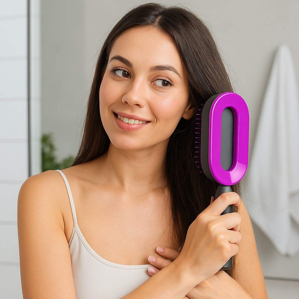Vue rapprochée de la brosse cheveux autonettoyante Brillis™ violet